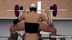 3D babe riding a stud's cock while he lifts weights