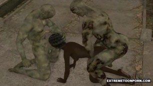 3D ebony babe double teamed outdoors by some zombies