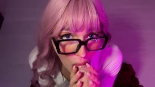 Super Cute Pink Hair Girl in School Uniform Sucks and Cums on her Glasses. Hentai Cosplay Ahegao