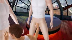 3D cartoon hunk sucking on a pair of hard cocks