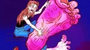 Cartoon Redhead Candi's feet grow enormously as she cries in pain